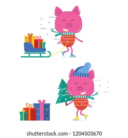 Merry Christmas greeting card with cute animals: pig with sleigh and tree . Flat style of icons for presents, invitation, children room decor, interior design.