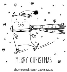 Merry Christmas greeting card with cute skating cat in a striped scarf. Winter sports. Black and white contour vector illustration with hand drawn doodle kitty, mittens and snowflakes.