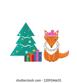 Merry Christmas greeting card with cute animals: pig, reindeer, penguin, fox and snowman, tree, sleigh, hat scarf, sock, ball, gloves, bird . Flat style of icons for presents, invitation