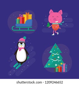 Merry Christmas greeting card with cute animals: pig and penguin on skiing with sleigh, presents and tree . Flat style of icons for presents, invitation, decor, interior design.