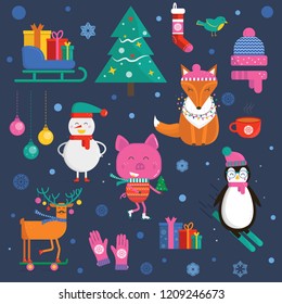 Merry Christmas greeting card with cute animals: pig, reindeer, penguin, fox and snowman, tree, sleigh, hat scarf, sock, ball, gloves, bird . Flat style of icons for presents, invitation, room decor, 