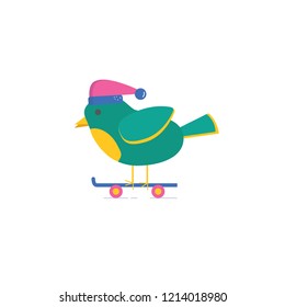 Merry Christmas greeting card with cute  bird on board . Flat style of icons for presents, invitation, children room decor, interior design.