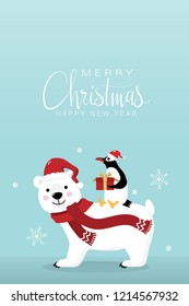 Merry Christmas greeting card with cute polar bear and penguins with present. Arctic animal in winter costume cartoon character. Calligraphy hand written vector.