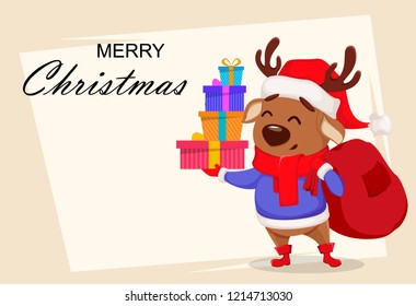 Merry Christmas greeting card with cute deer wearing Santa Claus hat and scarf. Cheerful funny cartoon character holding gift boxes and bag with presents. Vector illustration