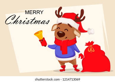 Merry Christmas greeting card with cute deer wearing Santa Claus hat and scarf. Cheerful funny cartoon character holding hand bell. Vector illustration