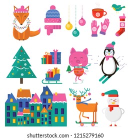Merry Christmas greeting card with cute animals: pig, reindeer, penguin, fox and snowman, tree, sleigh, hat scarf, sock, ball, gloves, house . Flat style of icons for presents, invitation