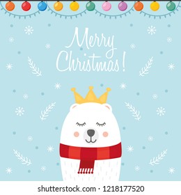 Merry christmas greeting card, cute polar bear with crown, cartoon vector illustration. 
