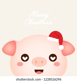 Merry Christmas greeting card. Cute pig with Santa hat cartoon.