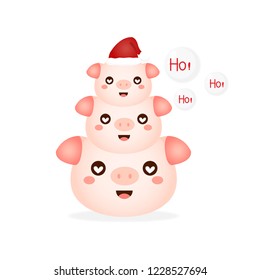 Merry Christmas greeting card. Cute pig with Santa hat cartoon.