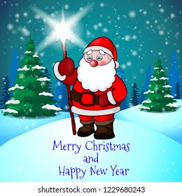 Merry Christmas greeting card with cute Santa on forest and snowflakes background.