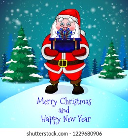 Merry Christmas greeting card with cute Santa with gift on forest and snowflakes background.