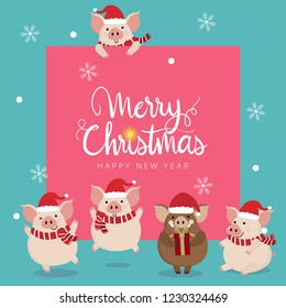 Merry Christmas greeting card with cute piggy and boar in red winter costume for Christmas. Animal cartoon character vector. 2019 The year of the pig.