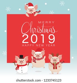 Merry Christmas greeting card with cute piggy in red winter costume for Christmas. Animal cartoon character vector. 2019 The year of the pig.