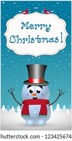 Merry christmas greeting card of cute cartoon cheerful snowman character in top hat, knitted scarf and hands up standing on snowy winter landscape scene and hand written lettering. Vector illustration