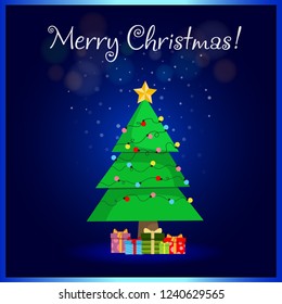 Merry Christmas greeting card of cute cartoon fir tree. Star decorations, balls, garlands and lots of gift boxes on sparkling magic glowing background with festive lettering. Vector illustration.
