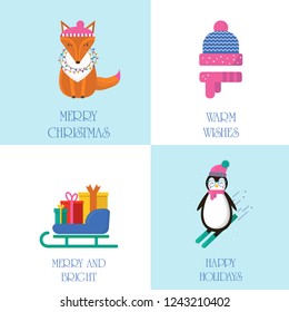 Merry Christmas greeting card with cute animals: penguin, fox and sleigh with gifts . Flat style of icons for presents, invitation,holiday interior design