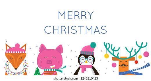 Merry Christmas greeting card with cute animals: pig,  penguin, fox, deer . Flat style of icons for presents, invitation,holiday interior design