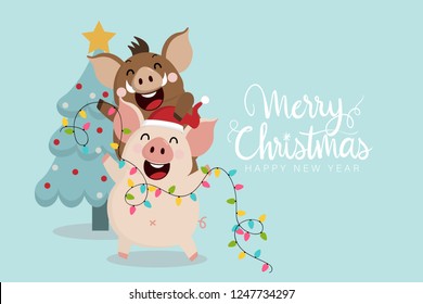 Merry Christmas greeting card with cute piggy and boar. 2019 the year of the pig. Animal holidays cartoon character. Calligraphy hand written.