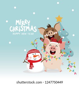 Merry Christmas greeting card with cute piggy,  boar and snowman. 2019 the year of the pig. Animal holidays cartoon character. 
