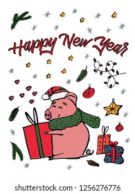 Merry Christmas greeting card with cute piggy. 2019 year of the pig. Happy new year animal holiday cartoon character vector.