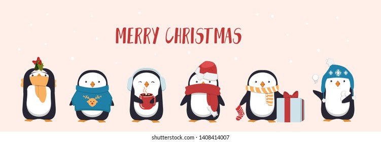 Merry Christmas greeting card with cute penguin. Seasonal character penguins wearing hats, scarf and holding gifts and mugs. Flat greeting card or banner design. Vector illustration