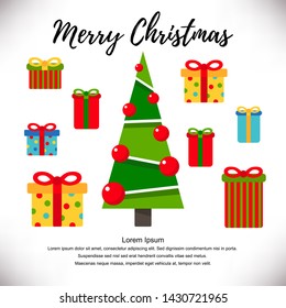 Merry Christmas greeting card  with cute xmas tree,balls and gifts. Vector illustration isolated on white background.