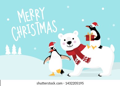 Merry Christmas greeting card with cute polar bear and penguins with red scarf. Arctic animal in winter costume cartoon character vector. Snow and snowflake fall down background.