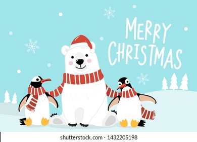 Merry Christmas greeting card with cute polar bear and penguins with red scarf. Arctic animal in winter costume cartoon character vector. Snow and snowflake fall down background.