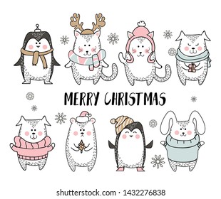 Merry Christmas greeting card with cute animal in scandinavian style. Cute winter animals isolated on white background. Minimalistic seasonal greeting card. Vector illustration