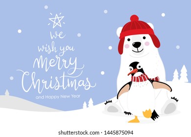 Merry Christmas greeting card with cute polar bear and penguins in winter costume. Animal cartoon character vector. Snow and snowflake fall down background.