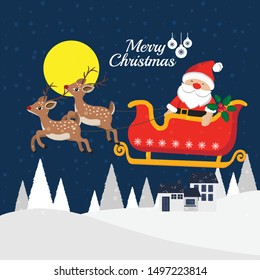 Merry Christmas greeting card. Cute cartoon Santa Claus riding reindeer sleigh.