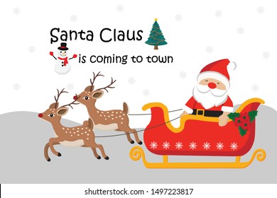 Merry Christmas greeting card. Cute cartoon Santa Claus riding reindeer sleigh.