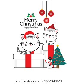 Merry Christmas Greeting Card. Cute cats  sitting on a gift box.