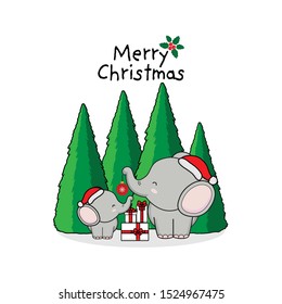 Merry Christmas Greeting Card with Cute Elephants.