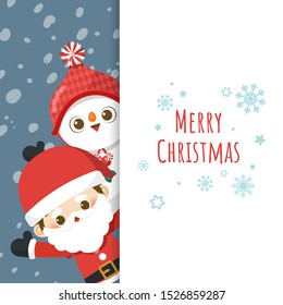 Merry Christmas greeting card with cute cartoon character little Santa Claus and snowman. Vector Illustration.