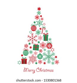 Merry Christmas greeting card with cute triangle christmas tree made from red green gifts, balls, stars and snowflakes isolated on white background. Vector EPS 10 illustration for Holiday designs