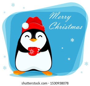 Merry Christmas greeting card with cute little penguin holding a cup of hot tea. Funny penguin cartoon character. Vector illustration.