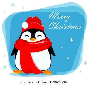Merry Christmas greeting card with cute little penguin. Funny penguin cartoon character. Vector illustration.