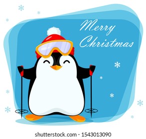 Merry Christmas greeting card with cute little penguin goes skiing. Funny penguin cartoon character. Vector illustration.