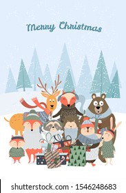 Merry Christmas greeting card with cute cartoon animals with winter accessories (scarfs, hats, sweaters) and presents. Vector holiday illustration with forest and trees background and text