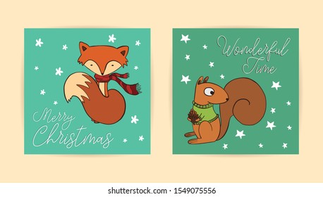 Merry Christmas greeting card with cute fox and squirrel.