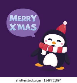 Merry Christmas greeting card with cute penguin. Vector illustration Cute Christmas character.