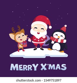 Merry Christmas greeting card with cute Santa Claus, reindeer, penguin and gift box. Vector illustration Cute Christmas character.