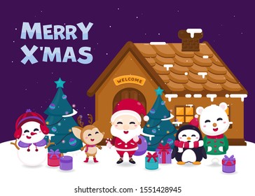 Merry Christmas greeting card with cute Santa Claus, reindeer, snowman, Polar bear and Penguin in Winter village. Vector illustration Cute Christmas character.