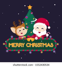 Merry Christmas greeting card with cute Santa Claus and reindeer. Vector illustration Cute Christmas template.
