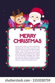Merry Christmas greeting card with cute Santa Claus and reindeer. Vector illustration Cute Christmas template.