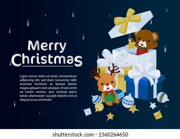 Merry Christmas greeting card with cute reindeer and bear in gift box. Vector illustration Cute Christmas template.