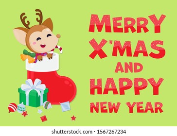 Merry Christmas greeting card with cute Reindeer. Vector illustration Cute Christmas template.