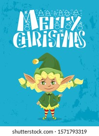 Merry christmas greeting card with cute blond elf wearing costume and hat. Winter holidays celebration. Smiling dwarf with striped socks. Xmas character and calligraphic inscription, vector in flat