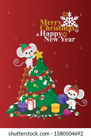 Merry Christmas greeting card with cute rat. Vector illustration Cute Christmas template. The year of rat.